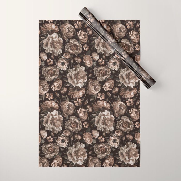 Opulent Floral Drama Moody Dark Brown Botanical Vibes Wrapping Paper Gallery Image 1