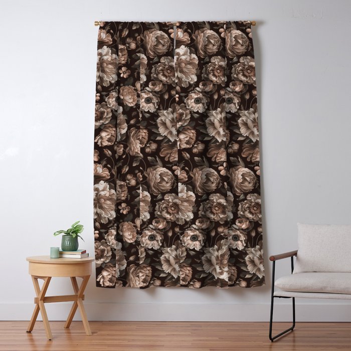 Opulent Floral Drama Moody Dark Brown Botanical Vibes Window Curtain Gallery Image 1