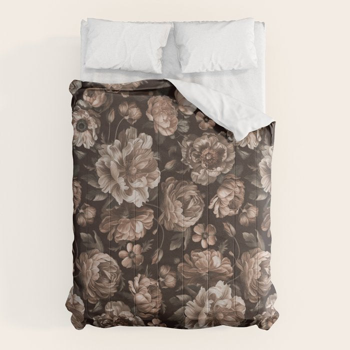 Opulent Floral Drama Moody Dark Brown Botanical Vibes Comforter Gallery Image 6