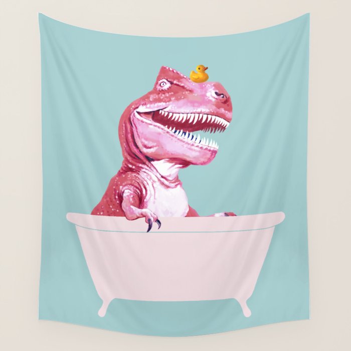 Pink T-Rex in Bathtub Wall Tapestry Gallery Image 1