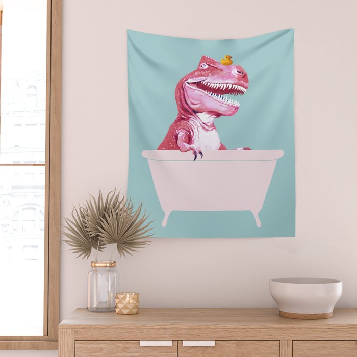 Pink T-Rex in Bathtub Wall Tapestry Gallery Image 2
