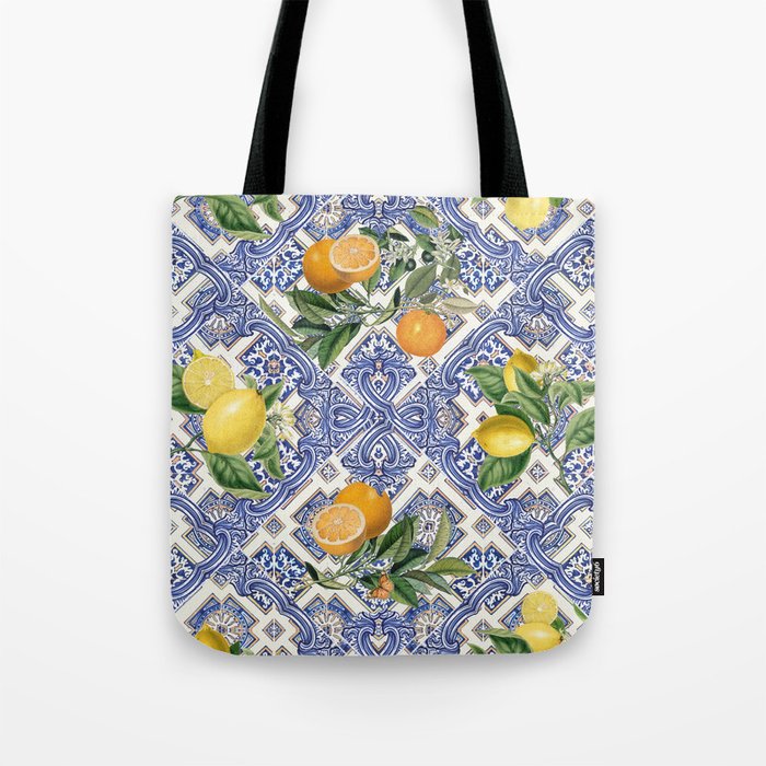 Mediterranean blue ceramic tiles, citrus fruit, lemons and oranges Tote Bag Gallery Image 1