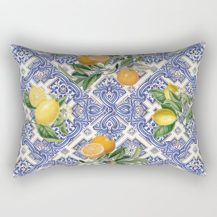 Mediterranean blue ceramic tiles, citrus fruit, lemons and oranges Rectangular Pillow Gallery Image 2