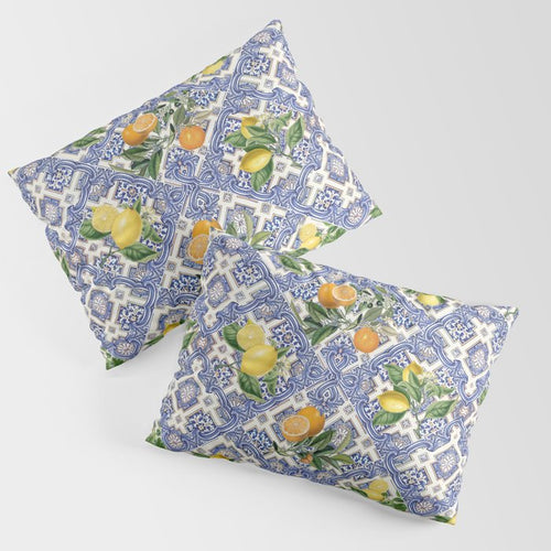 Mediterranean Blue Ceramic Tiles, Citrus Fruit, Lemons And Oranges Pillow Sham Gallery Image 3
