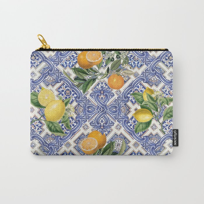 Mediterranean blue ceramic tiles, citrus fruit, lemons and oranges Carry All Pouch Gallery Image 1