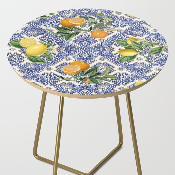 Mediterranean blue ceramic tiles, citrus fruit, lemons and oranges Side Table Gallery Image 2
