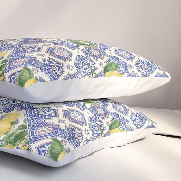 Mediterranean blue ceramic tiles, citrus fruit, lemons and oranges Pillow Sham Gallery Image 3