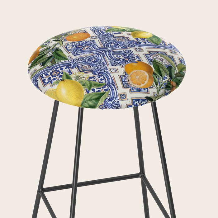 Mediterranean blue ceramic tiles, citrus fruit, lemons and oranges Stool Gallery Image 2