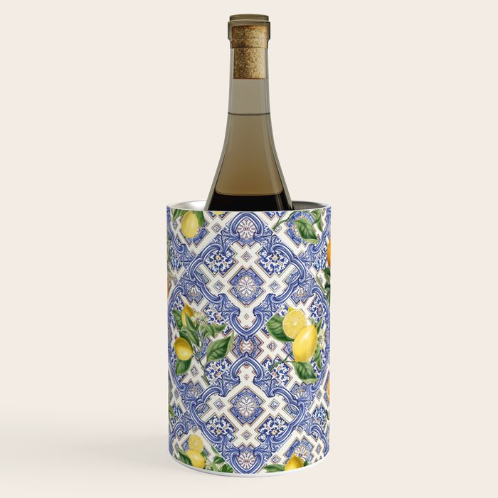 Mediterranean blue ceramic tiles, citrus fruit, lemons and oranges Wine Chiller Gallery Image 2