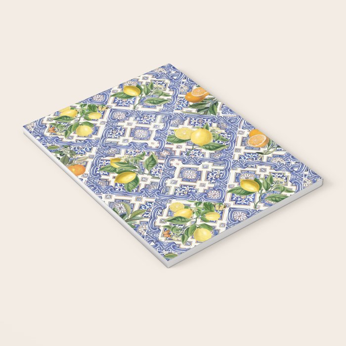 Mediterranean blue ceramic tiles, citrus fruit, lemons and oranges Notebook Gallery Image 3