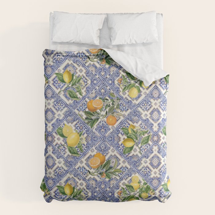 Mediterranean blue ceramic tiles, citrus fruit, lemons and oranges Duvet Cover Gallery Image 6