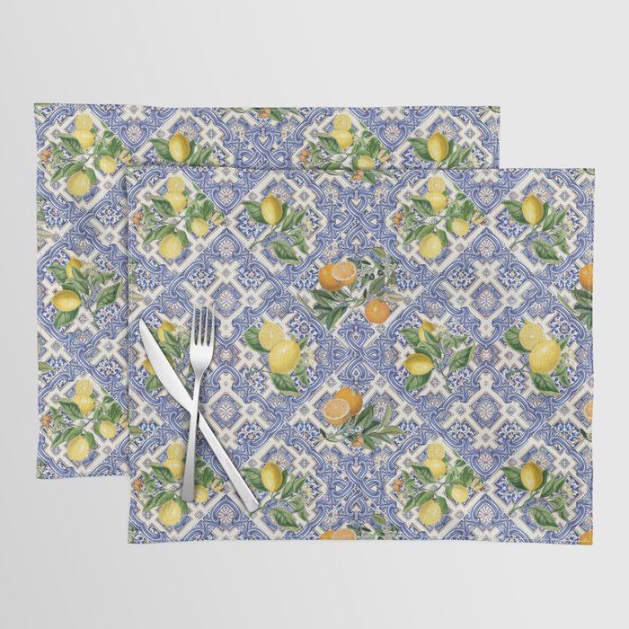 Mediterranean blue ceramic tiles, citrus fruit, lemons and oranges Placemat Gallery Image 1