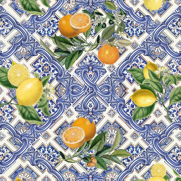 Mediterranean blue ceramic tiles, citrus fruit, lemons and oranges Coffee Mug Gallery Image 2