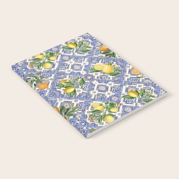 Mediterranean blue ceramic tiles, citrus fruit, lemons and oranges Notebook Gallery Image 2
