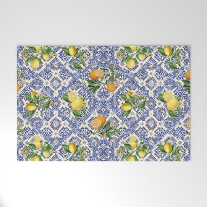 Mediterranean blue ceramic tiles, citrus fruit, lemons and oranges Welcome Mat Gallery Image 1