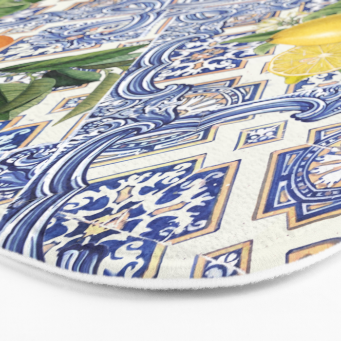Mediterranean blue ceramic tiles, citrus fruit, lemons and oranges Bath Mat Gallery Image 3