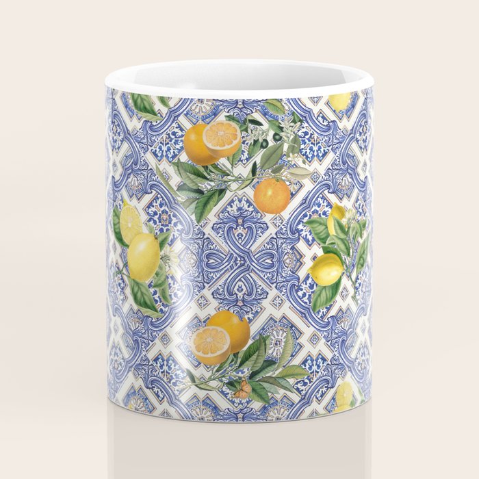 Mediterranean blue ceramic tiles, citrus fruit, lemons and oranges Coffee Mug Gallery Image 4