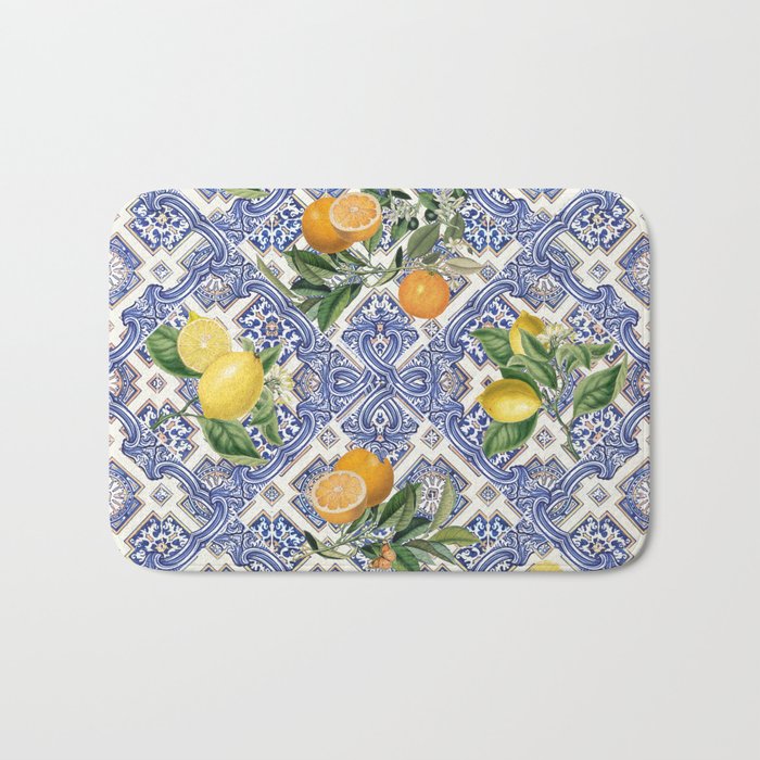 Mediterranean blue ceramic tiles, citrus fruit, lemons and oranges Bath Mat Gallery Image 1