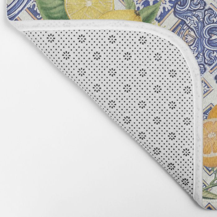 Mediterranean blue ceramic tiles, citrus fruit, lemons and oranges Bath Mat Gallery Image 2