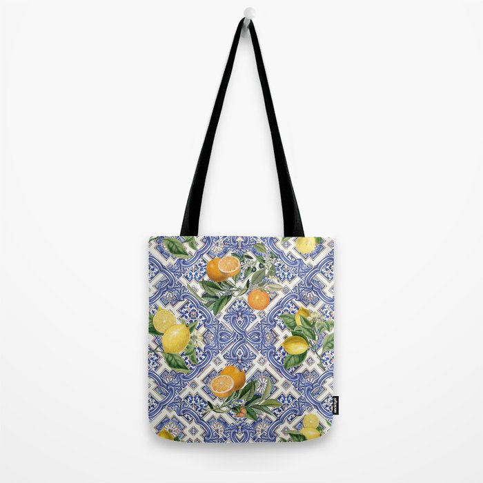 Mediterranean blue ceramic tiles, citrus fruit, lemons and oranges Tote Bag Gallery Image 2