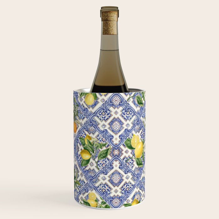 Mediterranean blue ceramic tiles, citrus fruit, lemons and oranges Wine Chiller Gallery Image 3