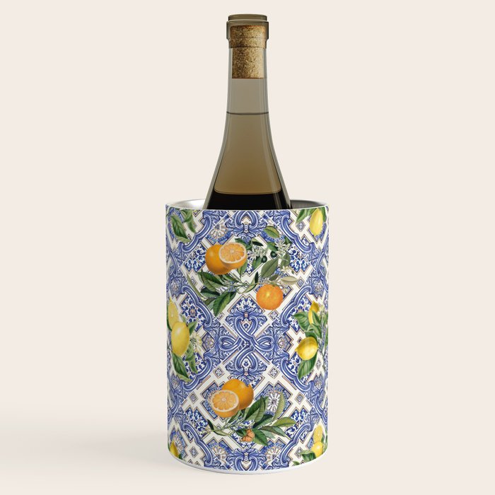 Mediterranean blue ceramic tiles, citrus fruit, lemons and oranges Wine Chiller Gallery Image 1