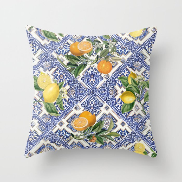 Mediterranean blue ceramic tiles, citrus fruit, lemons and oranges Throw Pillow Gallery Image 1