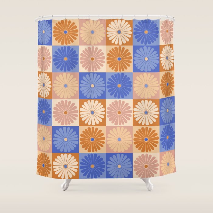 Retro Flowers Check Pattern XXII Shower Curtain Gallery Image 1