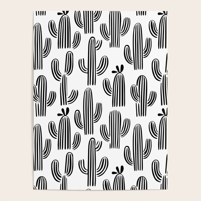 Black and white cactus plant pattern art Poster Gallery Image 1