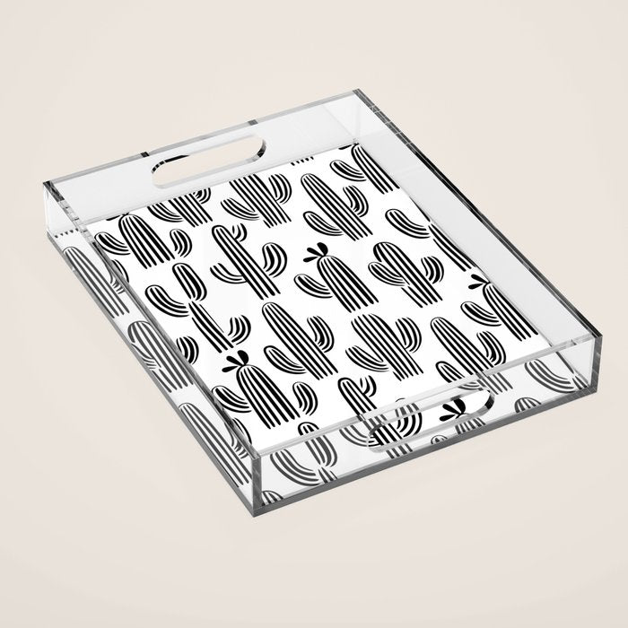 Black and white cactus plant pattern art Acrylic Tray Gallery Image 1