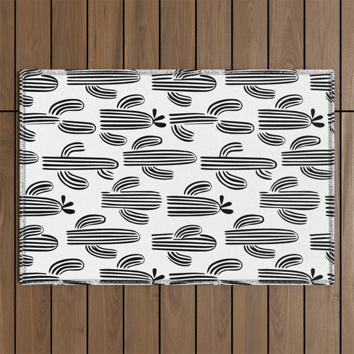 Black and white cactus plant pattern art Outdoor Rug Gallery Image 1