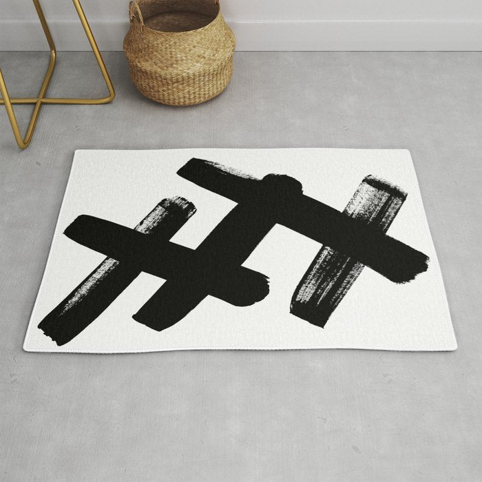 X Black & White Minimalist Abstract Mid century Ink Art Dark Brush Strokes Rug Gallery Image 1
