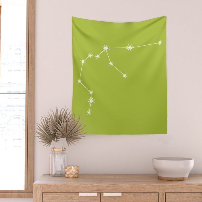 Aquarius Zodiac Star Constellation Line Art Chartreuse Green Wall Tapestry Gallery Image 2