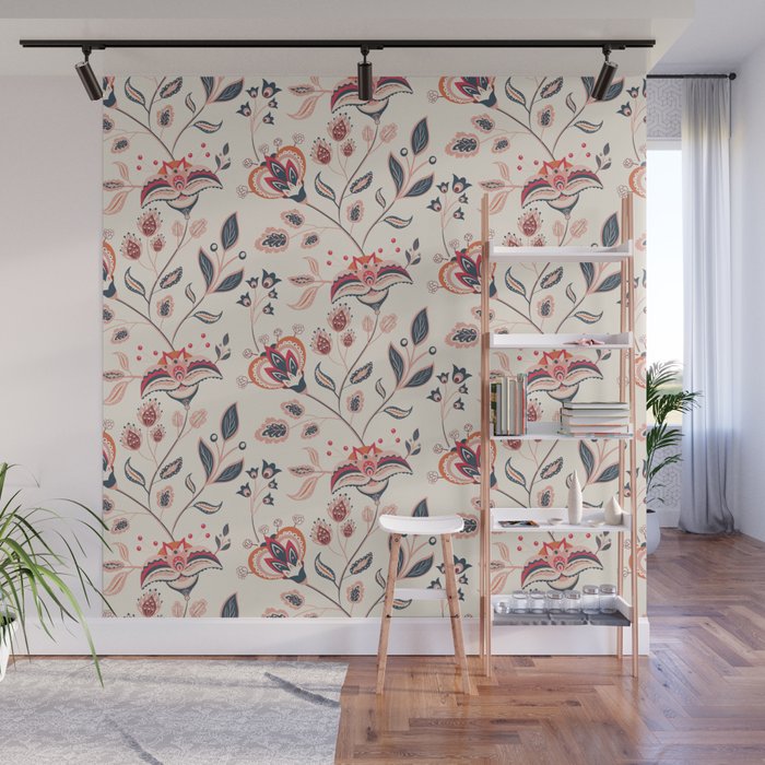 Indian Floral Trail - Ivory Coral Navy Wall Mural Gallery Image 1