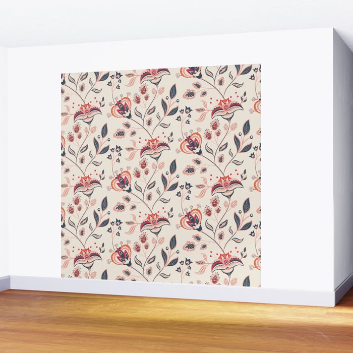Indian Floral Trail - Ivory Coral Navy Wall Mural Gallery Image 2
