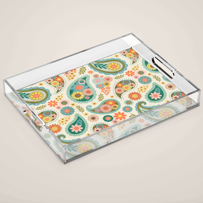 Retro Paisley Floral - Multicolored on Cream Acrylic Tray Gallery Image 1
