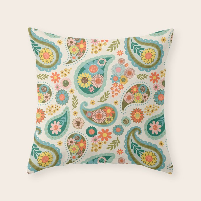 Retro Paisley Floral - Multicolored on Cream Throw Pillow Gallery Image 6