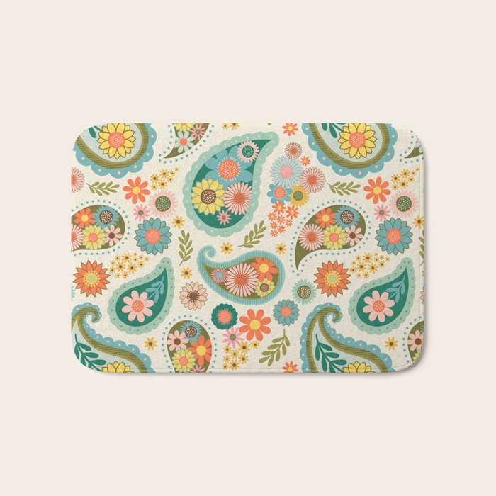 Retro Paisley Floral - Multicolored on Cream Bath Mat Gallery Image 1