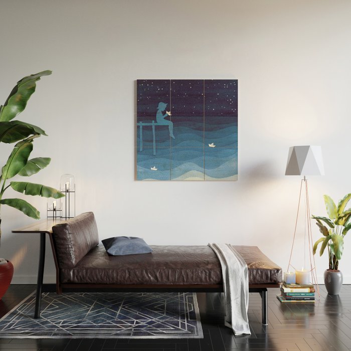 Boy with paper boats, blue Wood Wall Art Gallery Image 2