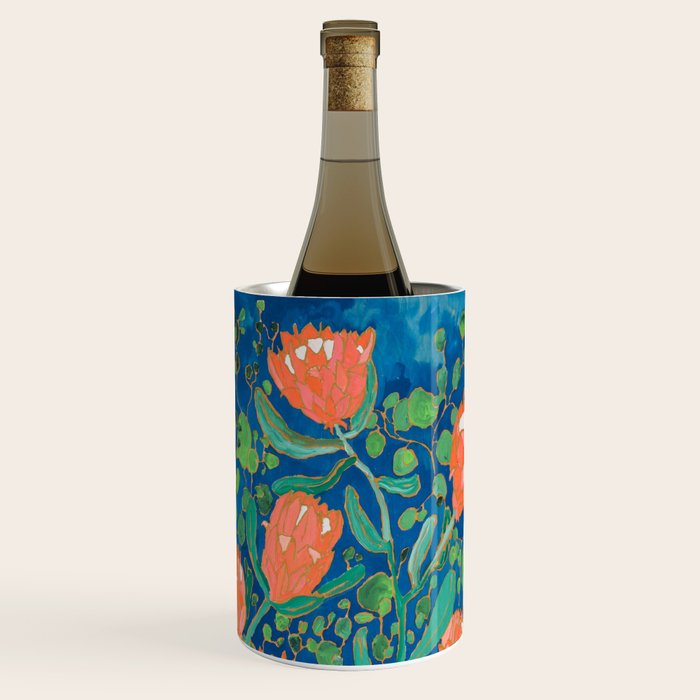Coral Proteas on Blue Pattern Painting Wine Chiller Gallery Image 1