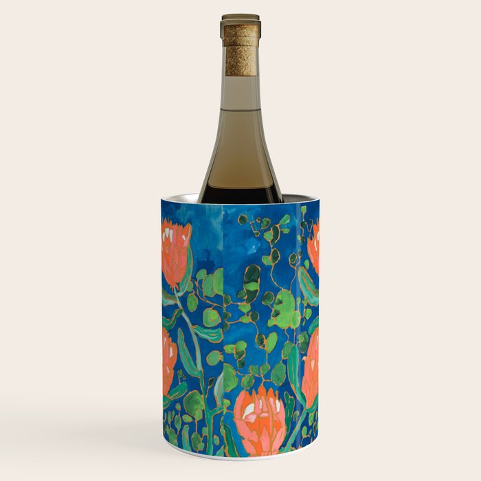 Coral Proteas on Blue Pattern Painting Wine Chiller Gallery Image 2