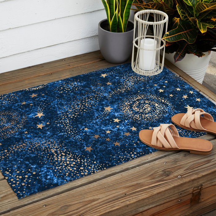 Magical Starry Night Sky Golden Cosmic Swirls Outdoor Rug Gallery Image 2