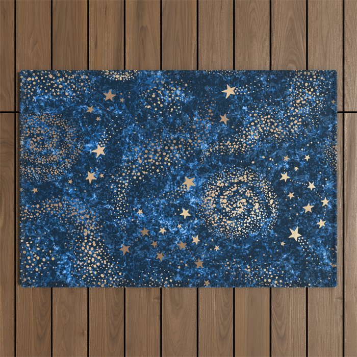 Magical Starry Night Sky Golden Cosmic Swirls Outdoor Rug Gallery Image 1