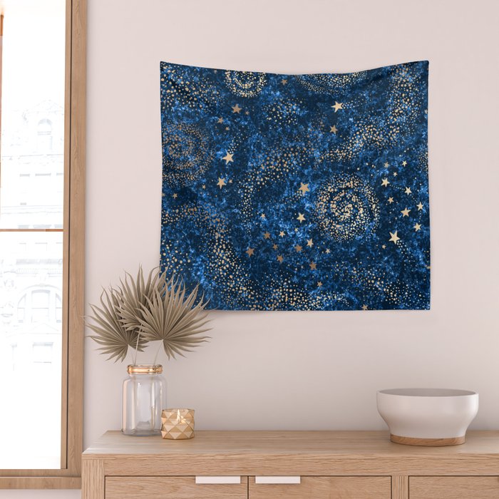 Magical Starry Night Sky Golden Cosmic Swirls Wall Tapestry Gallery Image 2