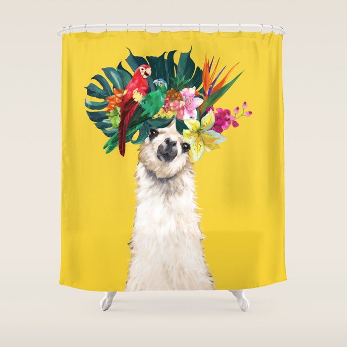 Aloha Hawaiian Llama in Yellow Shower Curtain Gallery Image 1