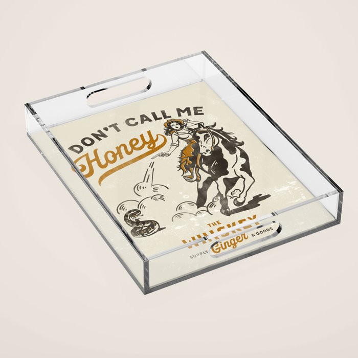 "Don't Call Me Honey" Retro Pinup Cowgirl On Horseback Shooting A Snake V.2 Acrylic Tray Gallery Image 1