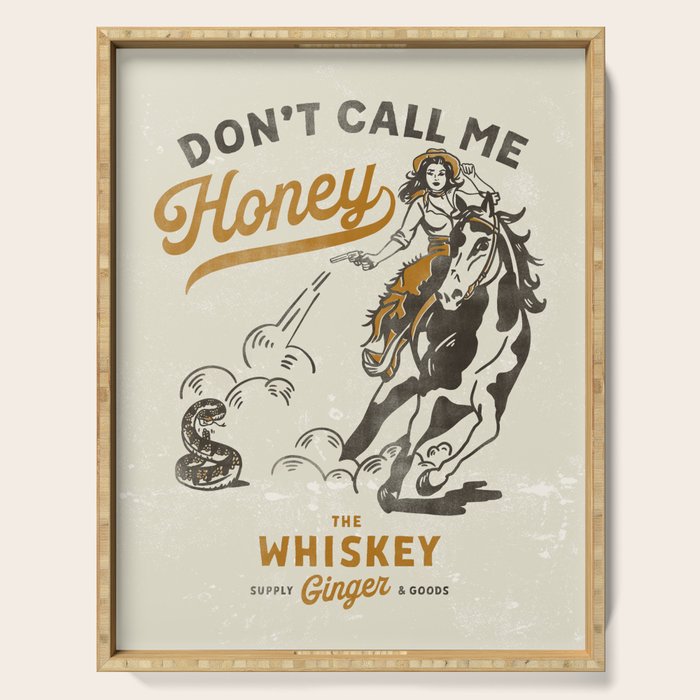 "Don't Call Me Honey" Retro Pinup Cowgirl On Horseback Shooting A Snake V.2 Serving Tray Gallery Image 1