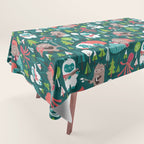 Besties // green background white Yeti brown Bigfoot aqua yellow green and teal pine trees red and coral details Tablecloth Gallery Image 1