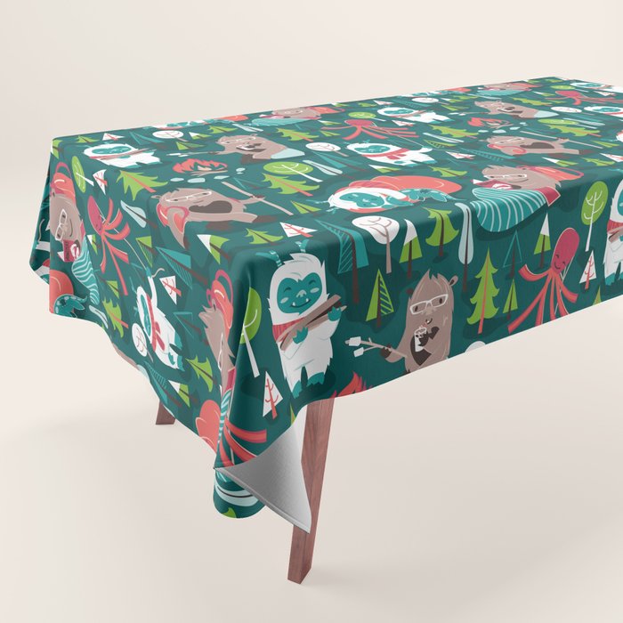 Besties // green background white Yeti brown Bigfoot aqua yellow green and teal pine trees red and coral details Tablecloth Gallery Image 1