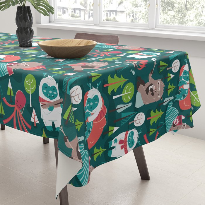 Besties // green background white Yeti brown Bigfoot aqua yellow green and teal pine trees red and coral details Tablecloth Gallery Image 3